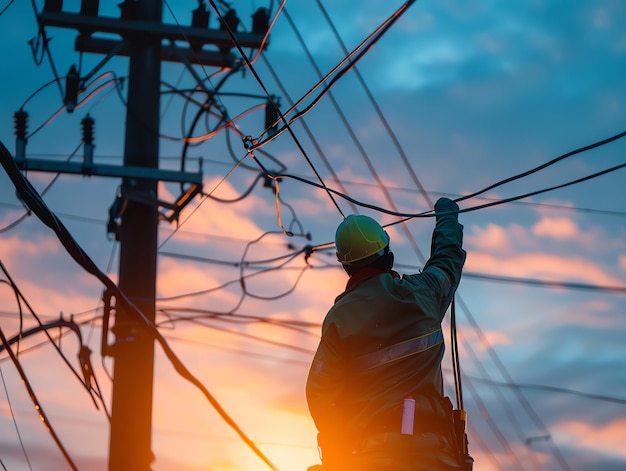 A man wearing a hard hat is stands or working on a electric power line or repairing the network