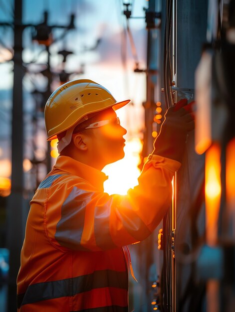 A man wearing a hard hat is stands or working on a electric power line or repairing the network