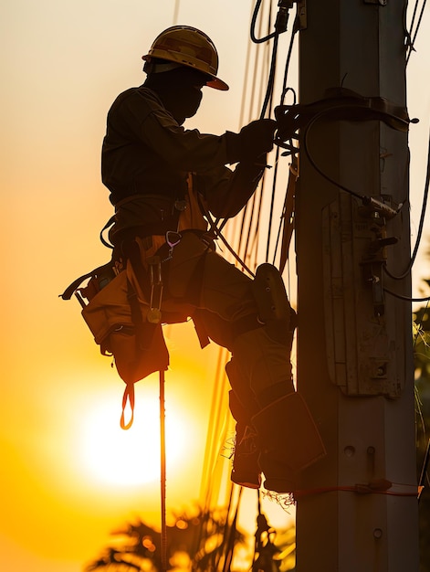 Photo a man wearing a hard hat is stands or working on a electric power line or repairing the network