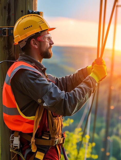 A man wearing a hard hat is stands or working on a electric power line or repairing the network