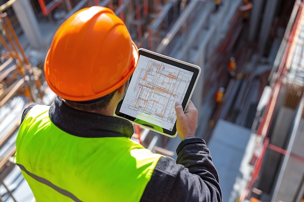 a man wearing a hard hat is using a tablet with a map on it