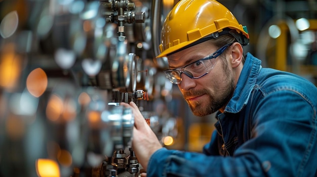 a man wearing a hard hat is working on a machine