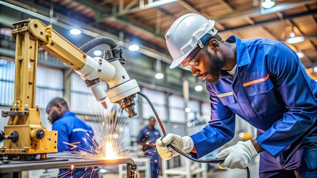 a man wearing a hard hat is working on a machine