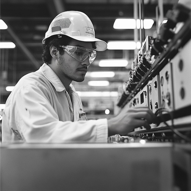 a man wearing a hard hat is working on a machine