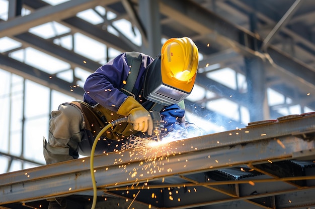 Photo a man wearing a hard hat is working on a metal structure