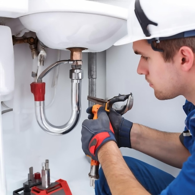 a man wearing a hard hat is working on a pipe under a sink