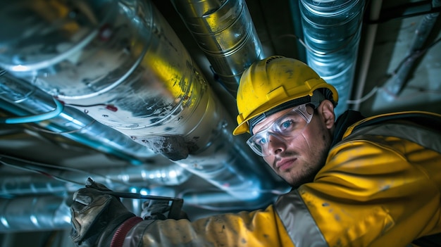 a man wearing a hard hat is working on a pipe with the words  hard  on it