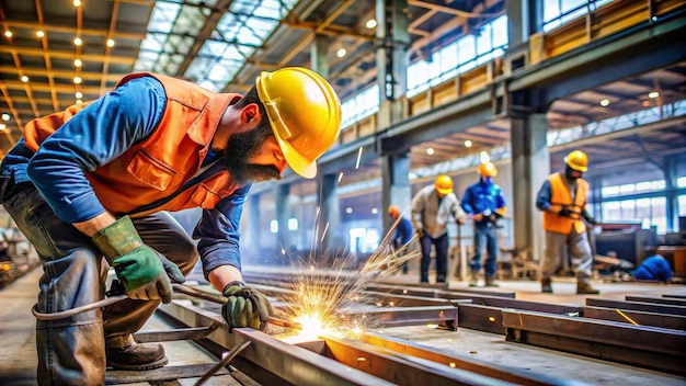 Photo a man wearing a hard hat is working on a track with a hammer