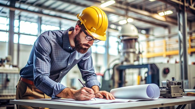 Photo a man wearing a hard hat is writing on a paper