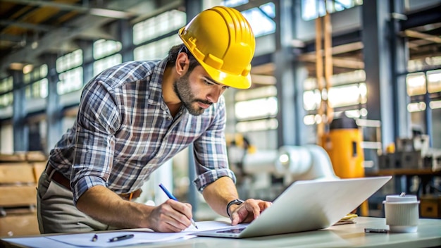 Photo a man wearing a hard hat is writing on a paper