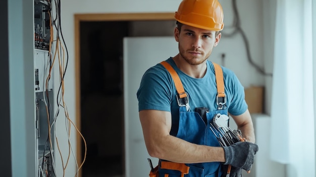 Photo a man wearing a hard hat and overalls standing in front of an electrical panel