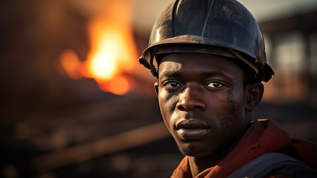 A man wearing a hard hat and a red sweatshirt is standing in front of a fire