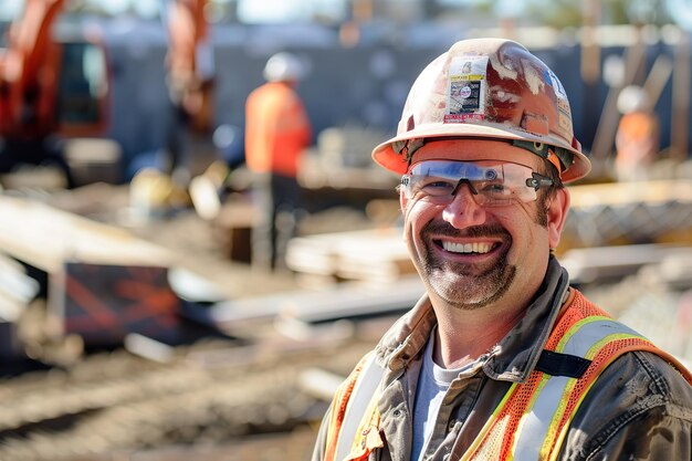 Photo a man wearing a hard hat and safety vest is smiling generative ai image