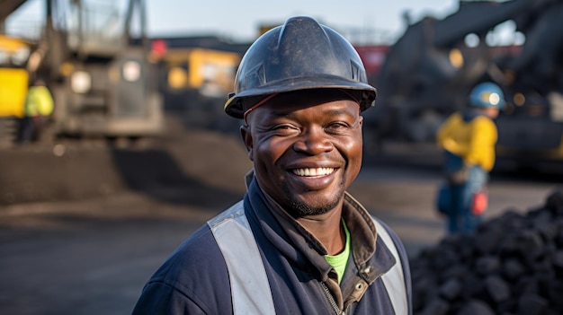 A man wearing a hard hat and safety vest is smiling