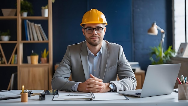 a man wearing a hard hat sits at a desk with a laptop and a book on it