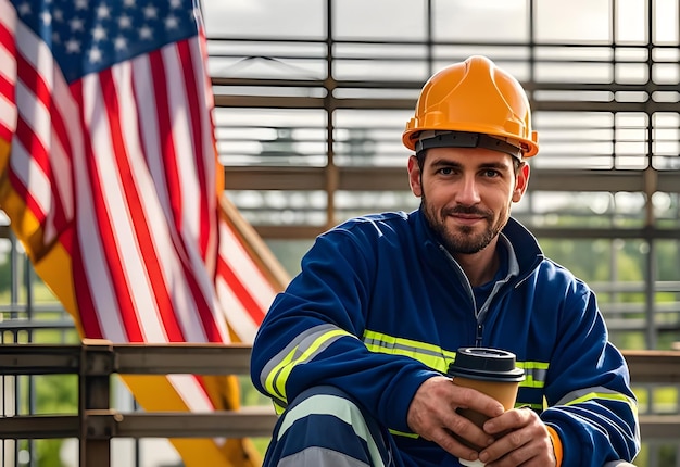 Photo a man wearing a hard hat sits in front of a flag