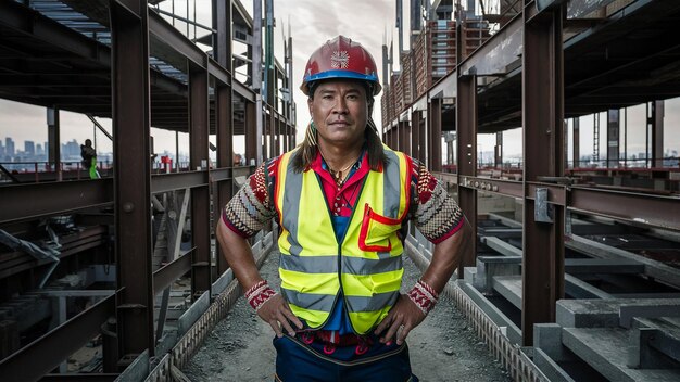 a man wearing a hard hat stands in a construction site