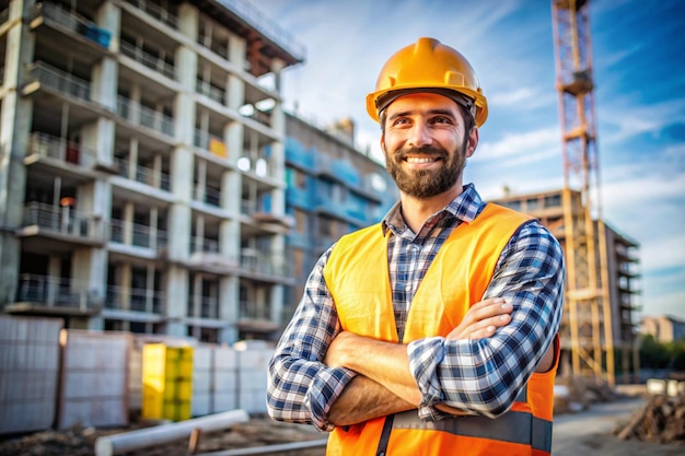 a man wearing a hard hat stands on a construction site