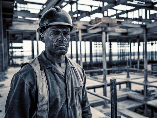 Photo a man wearing a hard hat stands in front of a construction site