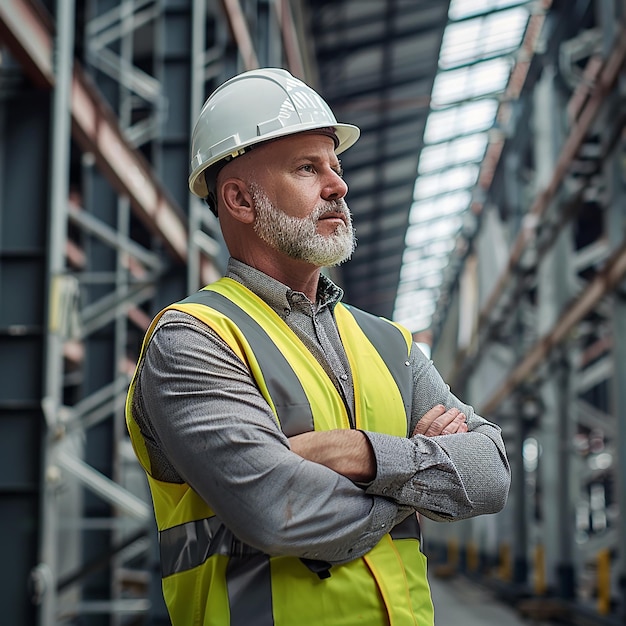 a man wearing a hard hat stands in front of a construction site