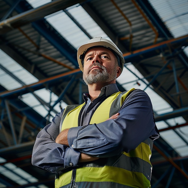 a man wearing a hard hat stands in front of a construction worker