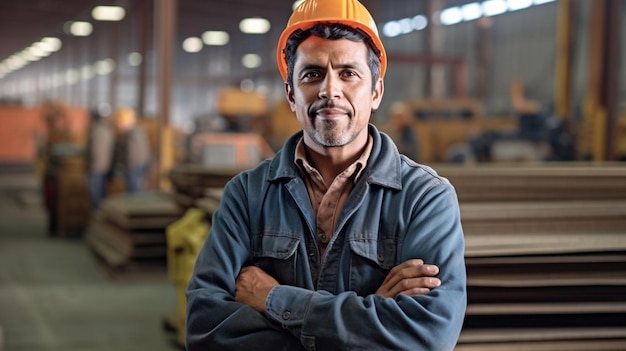 A man wearing a hard hat stands in a warehouse with his arms crossed.