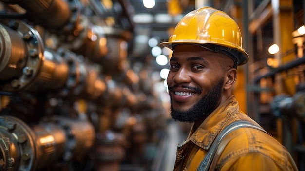 a man wearing a hard hat stands in a warehouse