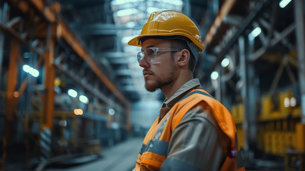 a man wearing a hard hat stands in a warehouse