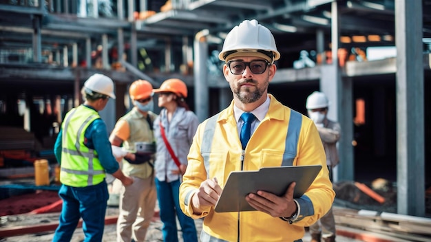 a man wearing a hard hat and sunglasses is holding a tablet