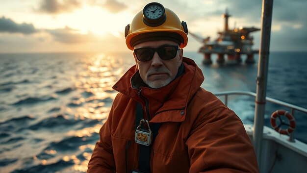 a man wearing a hard hat and sunglasses is sitting on a ship