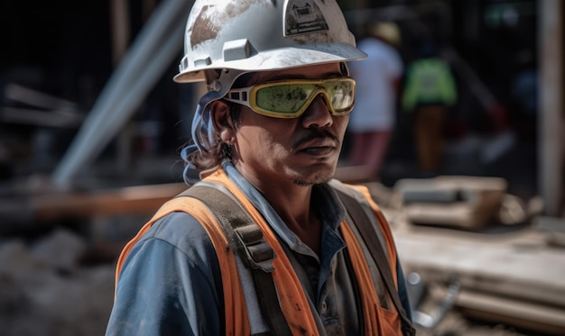 A man wearing a hard hat and sunglasses stands in front of a construction site.