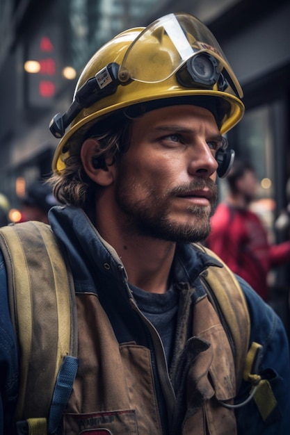 A man wearing a hard hat and a yellow hard hat stands in front of a building.