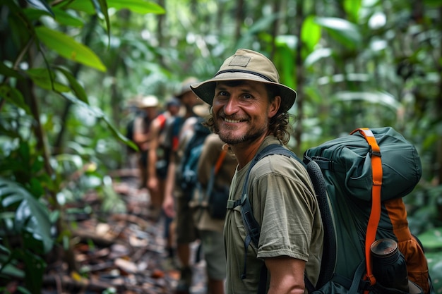 A man wearing a hat and backpack smiles as he walks with a group of people