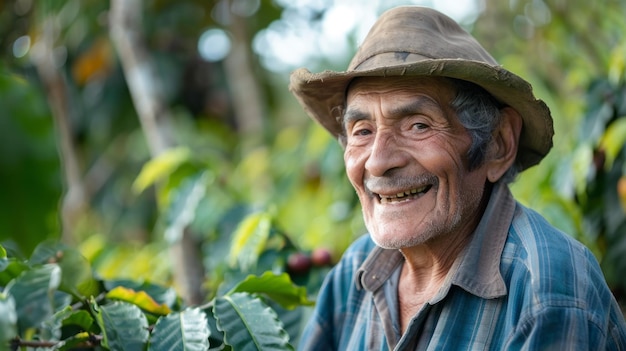 A man wearing a hat and a blue shirt is smiling