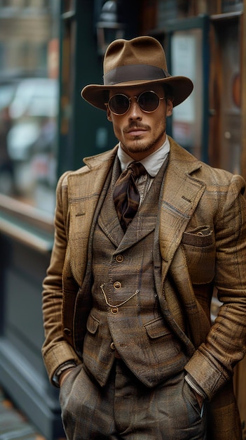 a man wearing a hat and a hat is standing in front of a building