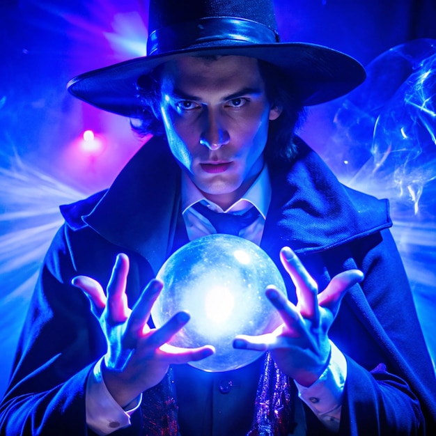 a man wearing a hat and holding a ball with a blue glow