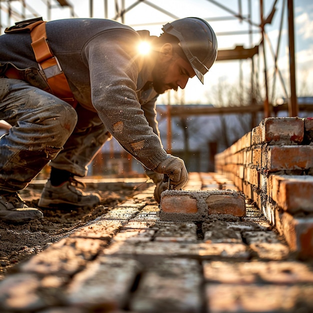 a man wearing a hat is working on bricks