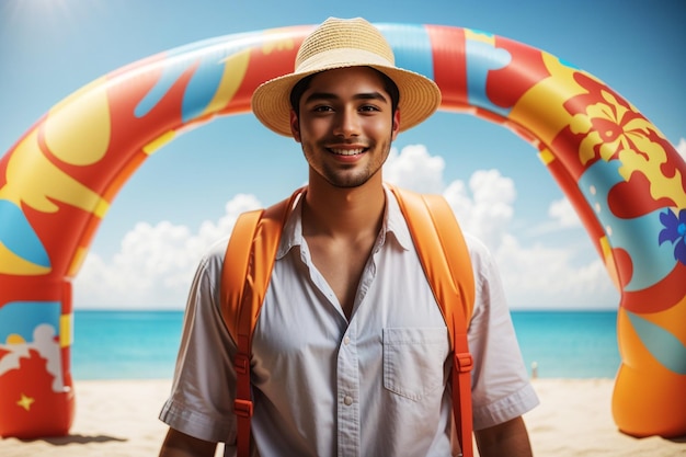 a man wearing a hat and a life jacket is standing on a beach