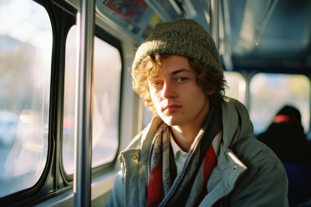 a man wearing a hat and scarf sitting on a bus