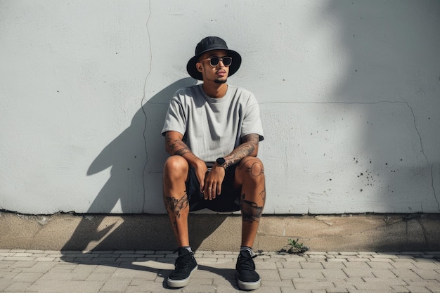 Photo a man wearing a hat sits against a wall with a hat on his head