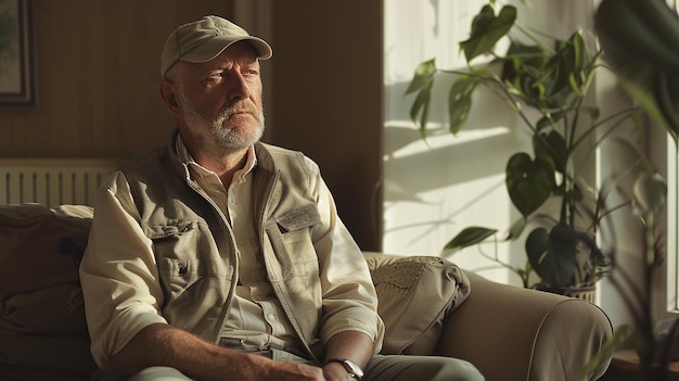 a man wearing a hat sits on a couch with a plant in the background