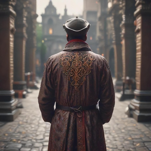 Photo a man wearing a hat stands in front of a building with a man in a trench coat