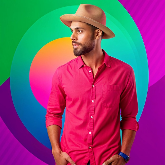 a man wearing a hat stands in front of a colorful background