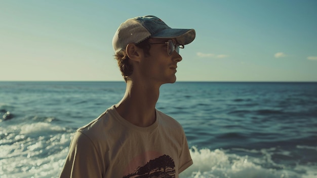 a man wearing a hat stands in front of the ocean with the ocean behind him