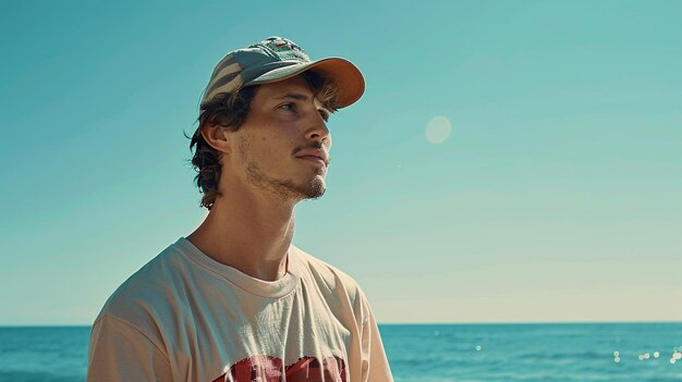 a man wearing a hat stands in front of the ocean