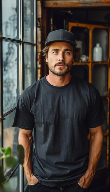 a man wearing a hat stands in front of a window