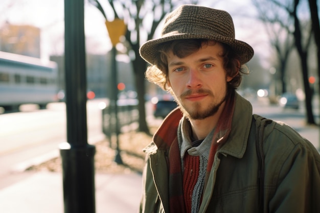 a man wearing a hat and sunglasses standing in front of a car