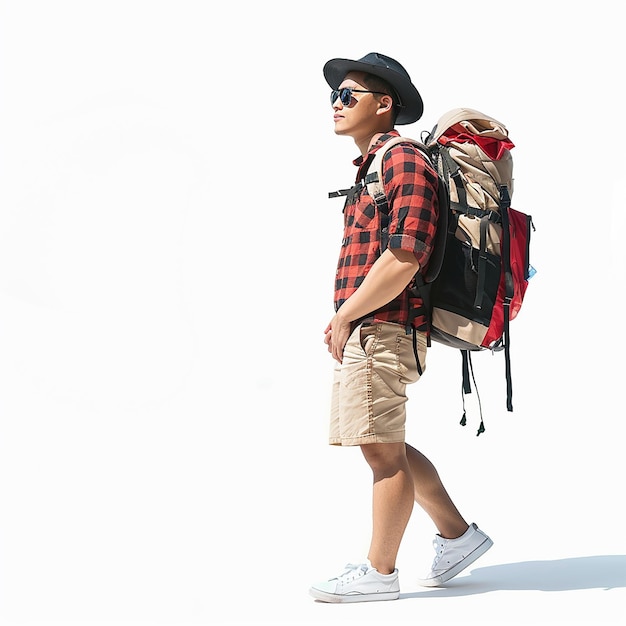 a man wearing a hat and sunglasses walks in a white background