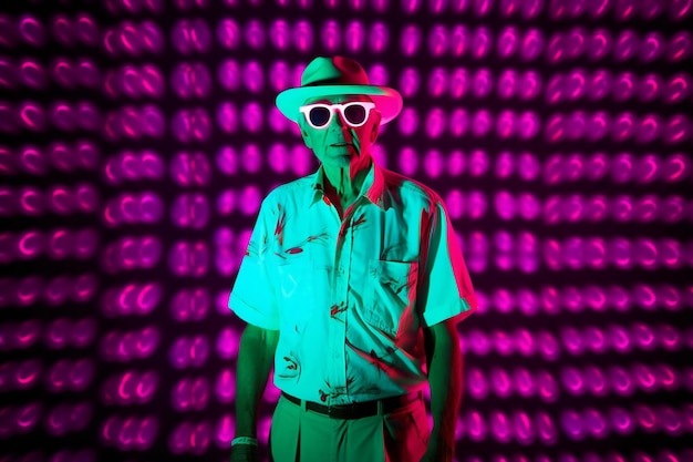 A man wearing a hat and a white hat stands in front of a wall of lights.