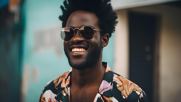 A man wearing a hawaiian shirt and sunglasses smiles for the camera.